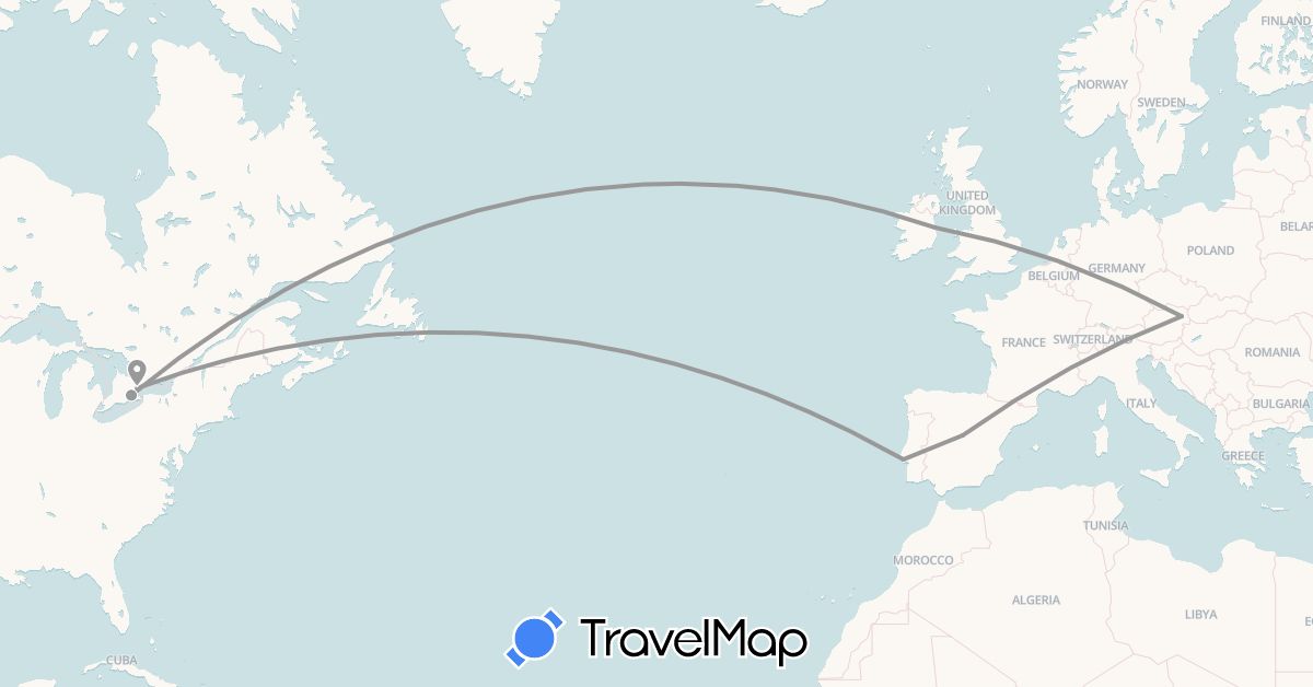 TravelMap itinerary: driving, plane in Austria, Canada, Spain, Ireland, Portugal (Europe, North America)